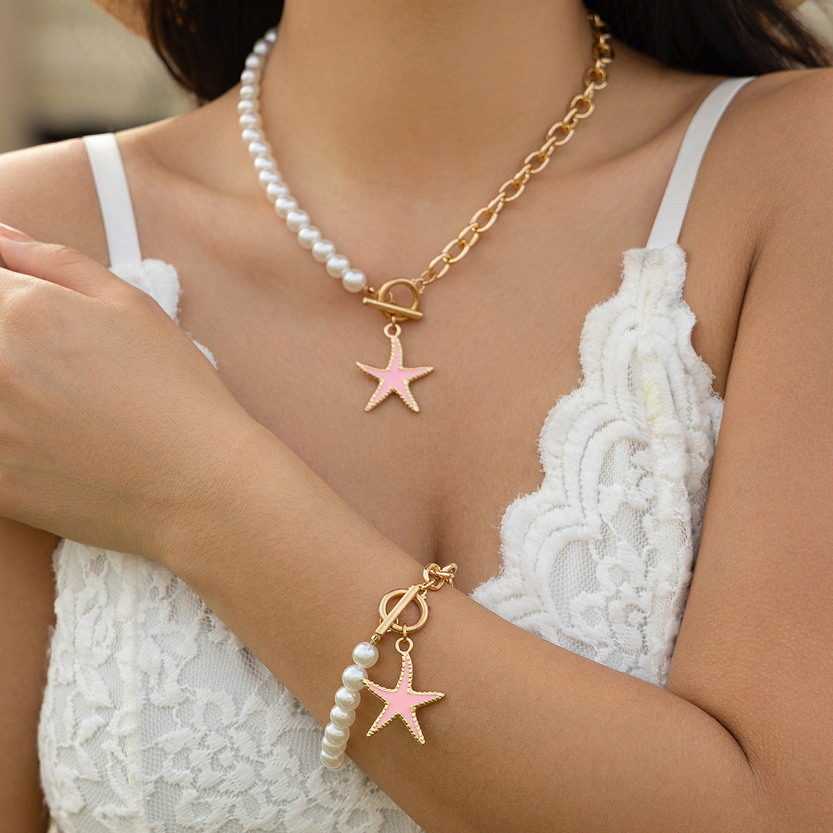 Sweet Drip Oil Star Alloy Necklace with Imitation Pearl for Women