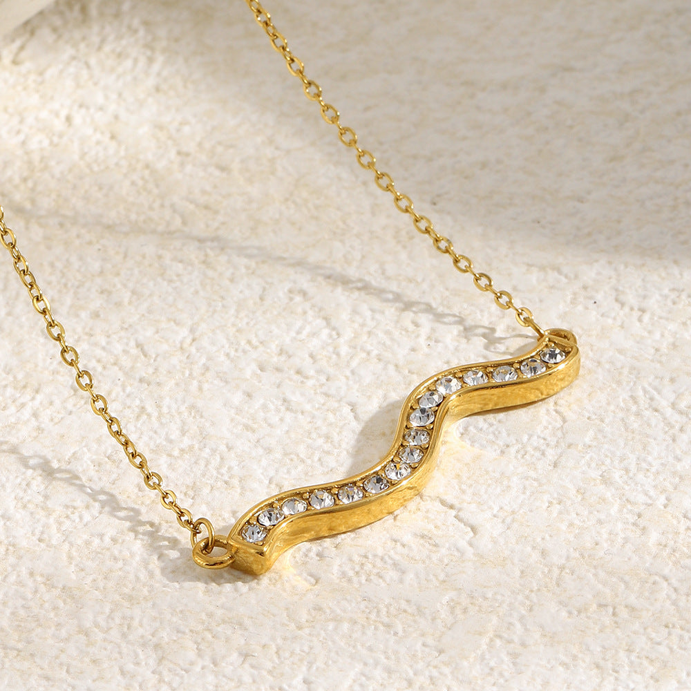 Casual Geometric Stainless Steel Gold Plated Rhinestone Wave Pendant Necklace for Women