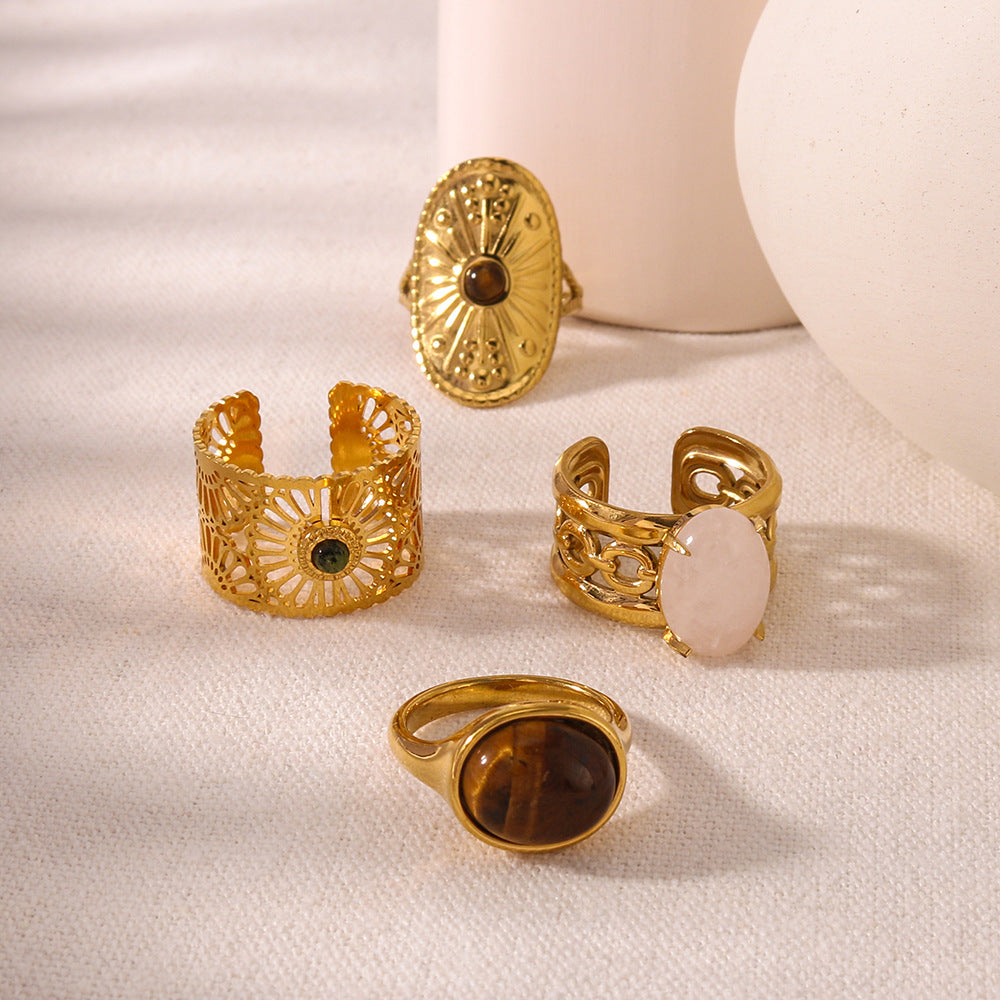Vintage Style Adjustable Geometric Stainless Steel Ring with 18K Gold Plating and Natural Tiger Eye Inlay