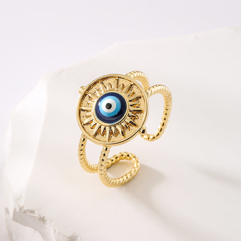 Geometric Open Ring for Women with Copper Base Plated in Real Gold and Enamel Evil Eye Design