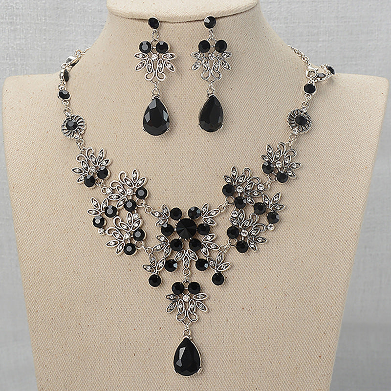 Luxury Elegant Floral Rhinestone Alloy Plated Necklace and Earring Set for Women Wedding Bridal Jewelry