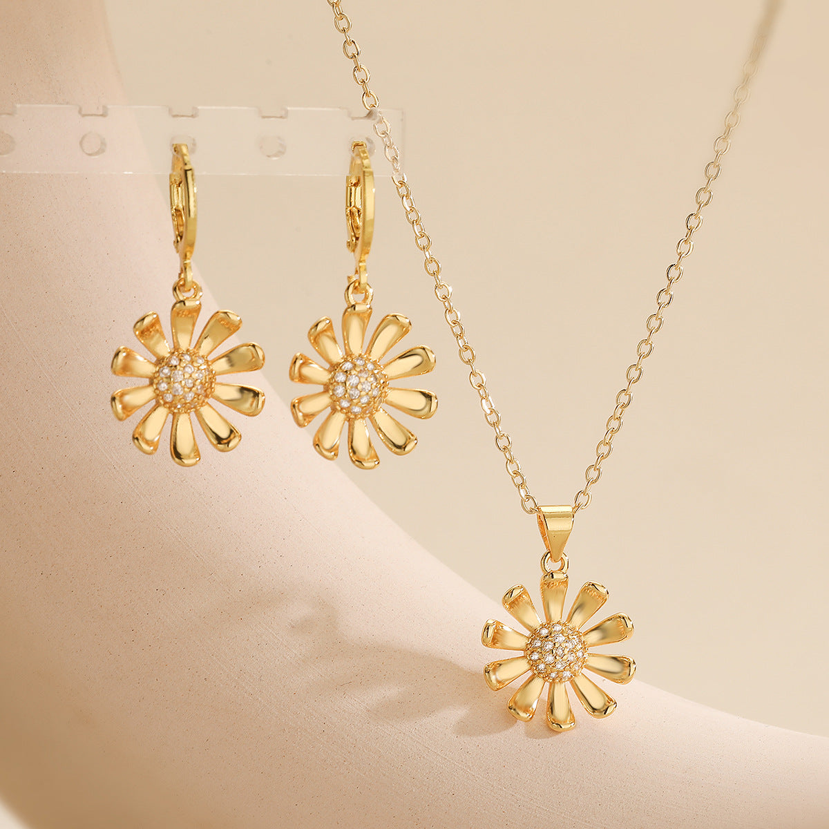 Minimalist 18K Gold Plated Brass Sunflower Pendant Necklace and Earring Set with Cubic Zirconia Micro-inlay on Ball Chain for Women