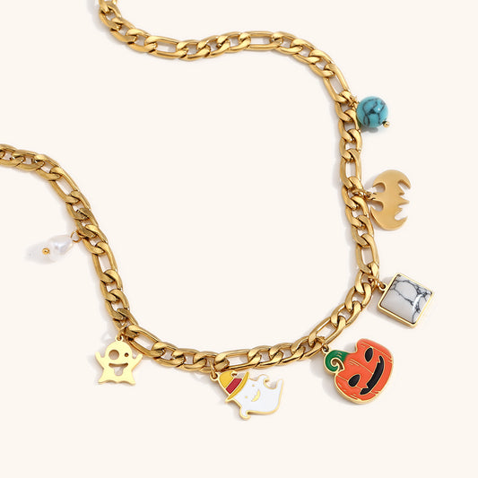 Collar de moda con colgante de calabaza de Halloween para mujer, de acero inoxidable con chapado en oro de 18 quilates, diseño de personaje de dibujos animados