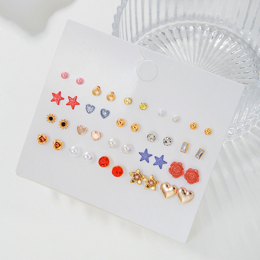 Orecchini a Stella Geometrici d'Ispirazione Vintage con Base in Lega, Intarsio di Strass e Perni in Acciaio Inossidabile da Donna