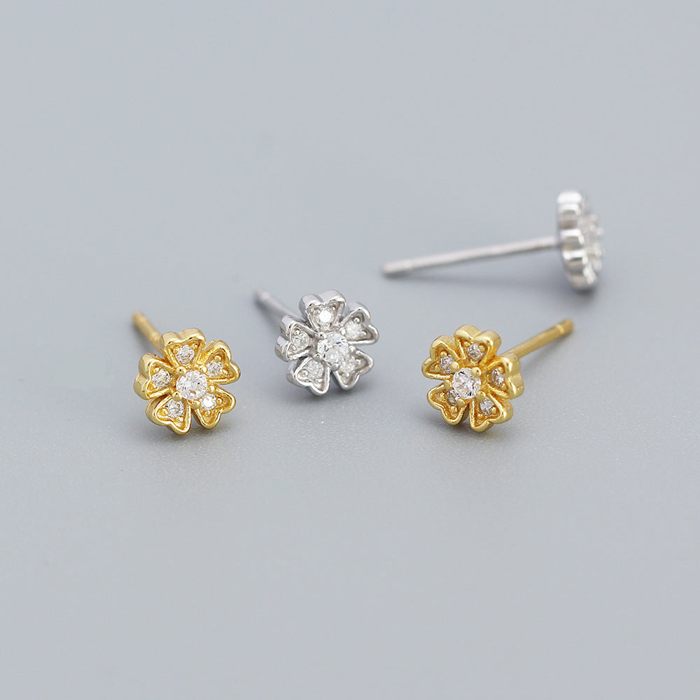 Vintage Sweet Floral 925 Sterling Silver Cubic Zirconia Stud Earrings for Women