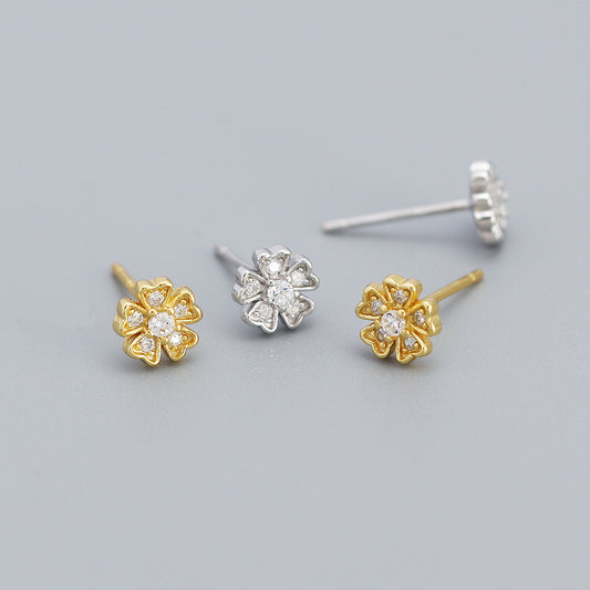 Pendientes de botón de plata de ley 925 con circonita cúbica, diseño floral vintage, para mujer
