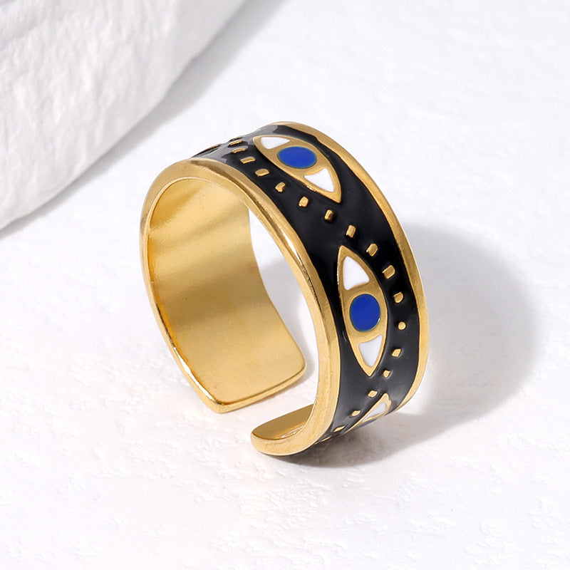 Minimalist Evil Eye Titanium Steel Ring with Enamel Detailing Adjustable Open Band for Unisex Wear