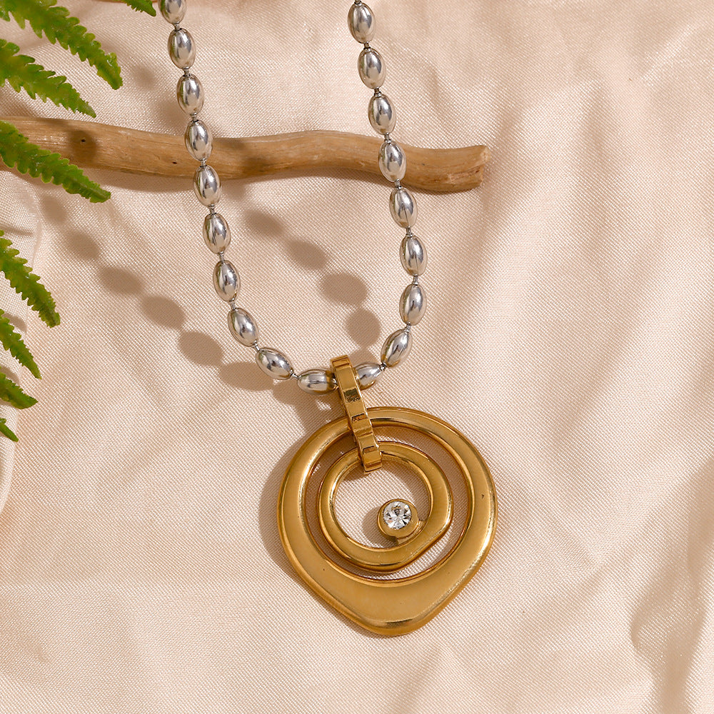Minimalist Geometric Stainless Steel Pendant Necklace with 18K Gold Plating, Circular and Ring-Shaped Charms, Polished Round Beads, for Women