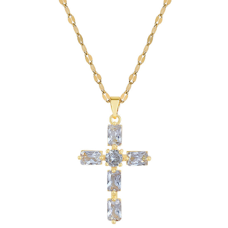 Sweet Minimalist Cross Geometric Rhinestone Titanium Steel Necklace for Unisex