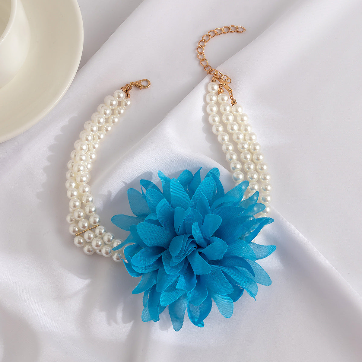 Vintage Floral Imitation Pearl Plated Ball Chain Necklace for Women