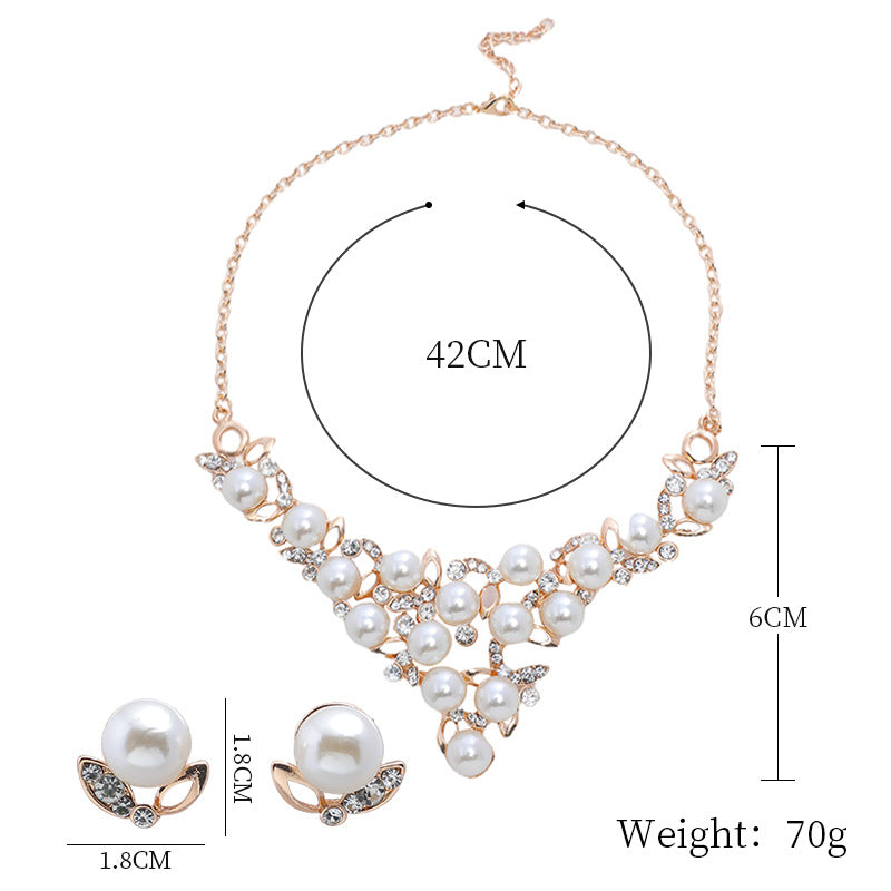 Sweet Minimalist Pearl Necklace and Earrings Set for Women with Alloy Pendant, Plated Finish, O-Chain, Floral and Leaf Motifs