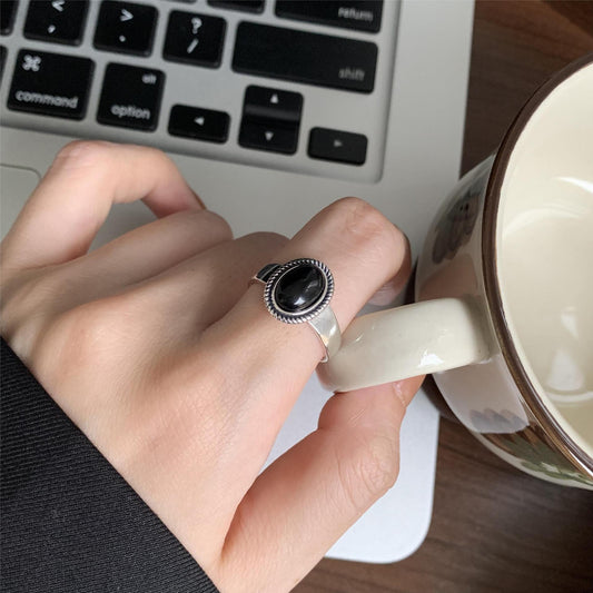 S925 Sterling Silver Twisted Rope Adjustable Vintage Ring with Black Agate Geometric Design for Women