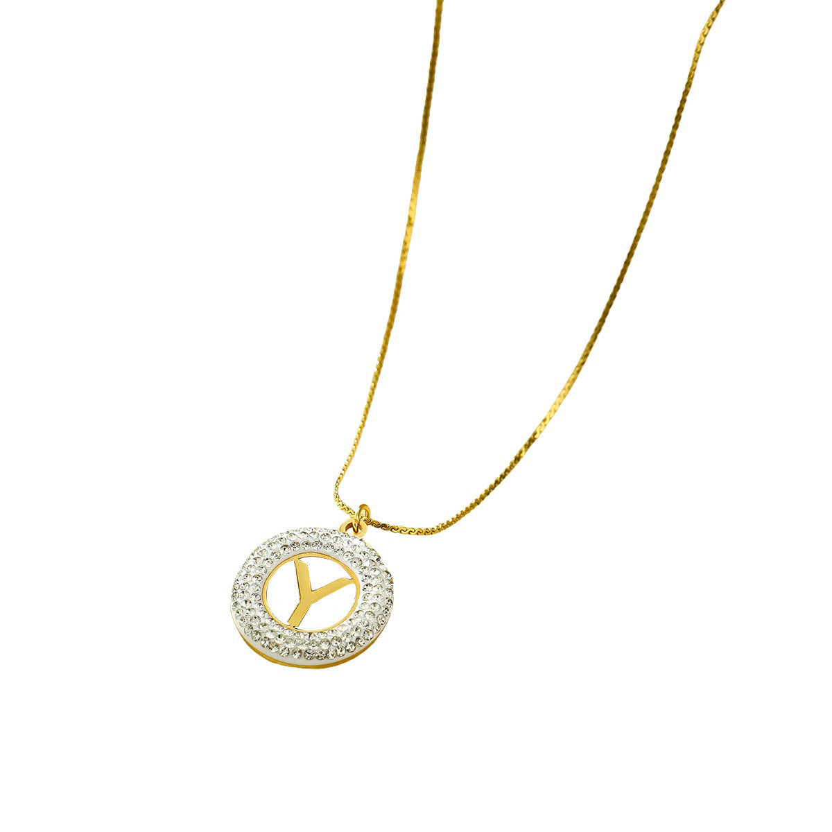 Collar con colgante de letra redonda hueca de acero inoxidable minimalista y moderno con incrustaciones de circonita para mujer
