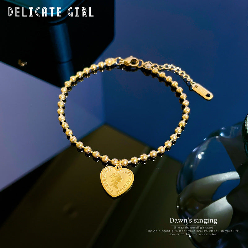 Vintage Sweet Heart Rhinestone PVD Titanium Steel Bracelet