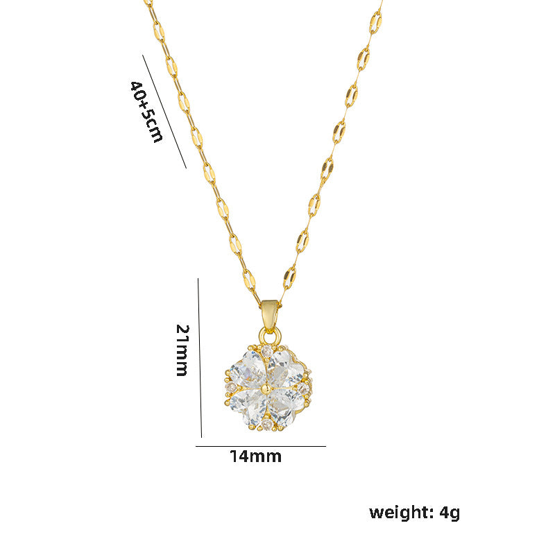 Luxury Style Four-Leaf Clover Pendant Necklace for Women in Titanium Steel with Rhinestone Inlay on Wavy Chain