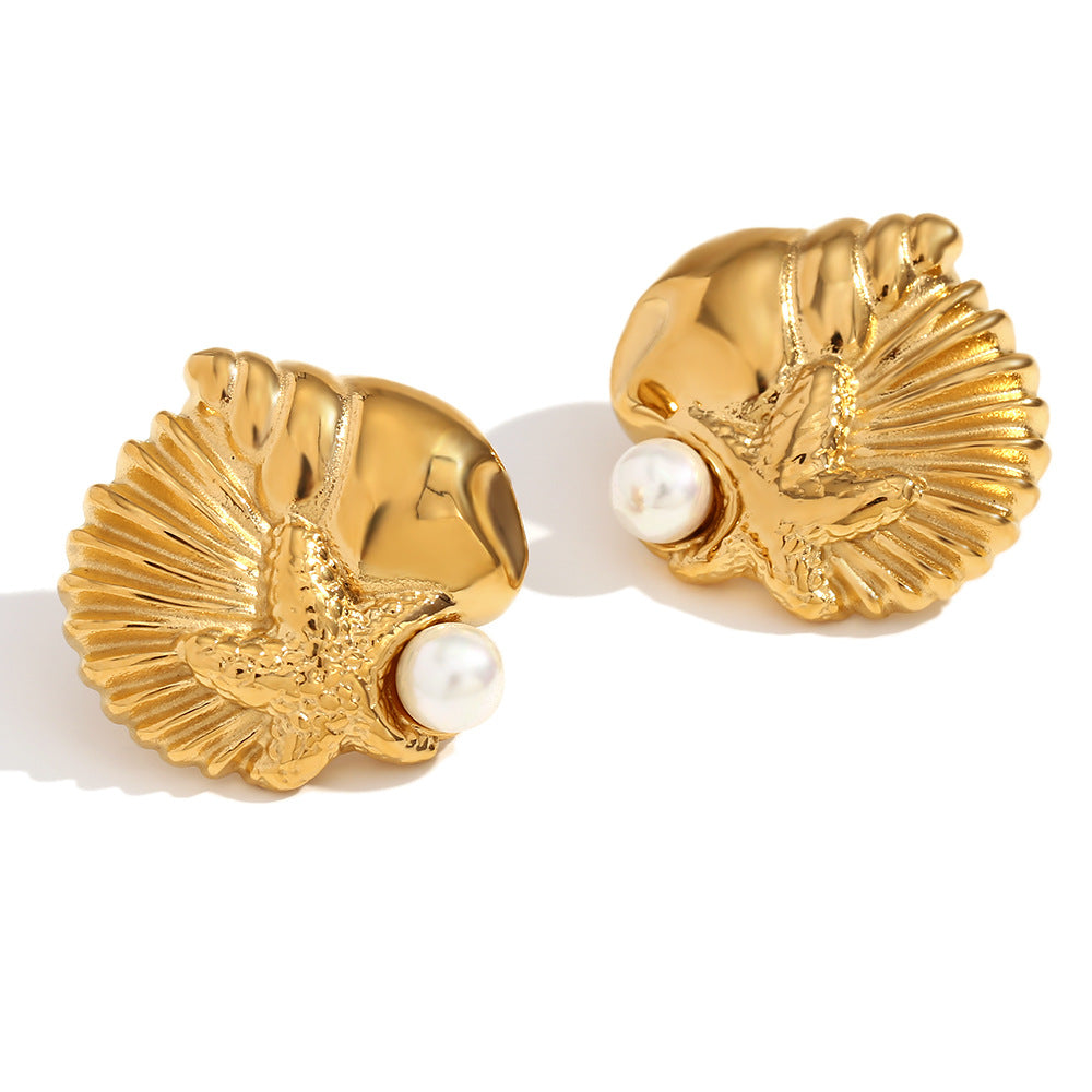 Fashionable Minimalist Geometric Stainless Steel Ear Studs with 18K Gold Plating Featuring Ocean Life Motifs for Women