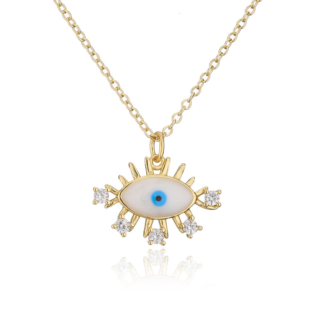 Minimalist Geometric Eye Pendant Necklace for Women with Copper Base and 18K Gold Plating, Enamel Finish and Zircon Inlay