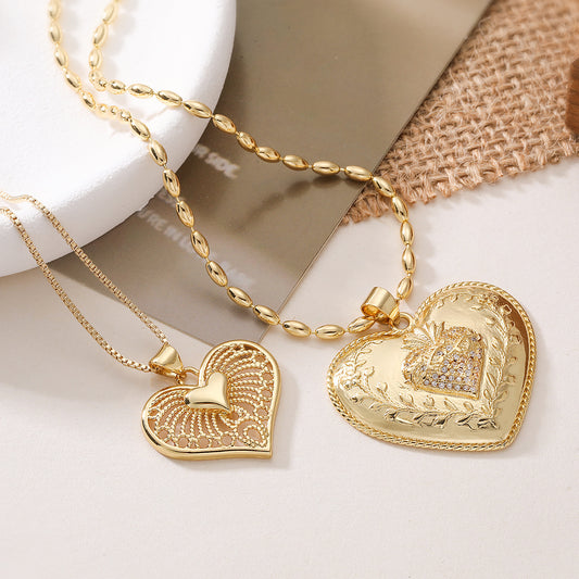 Vintage Minimalist 18K Gold Plated Brass Heart Cubic Zirconia Pendant Necklace for Women