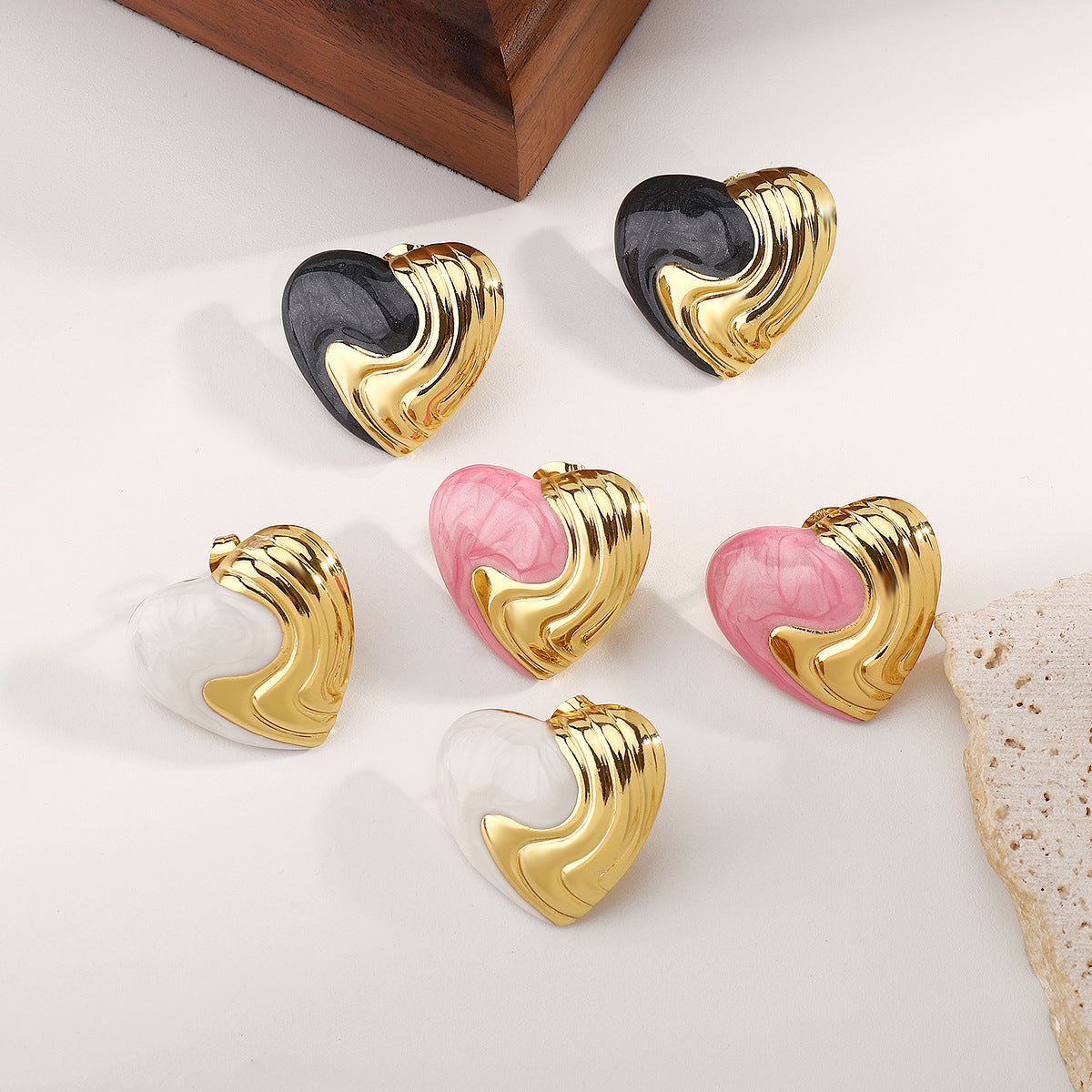 Sweet Minimalist Heart-Shaped Stainless Steel Earrings with Enamel Finish in Multi-Color Accents