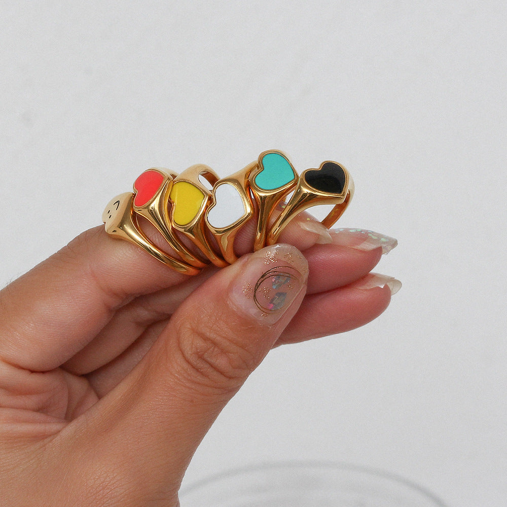 Minimalist Heart-Shaped Black Enamel Stainless Steel Plated 18K Gold Ring for Women