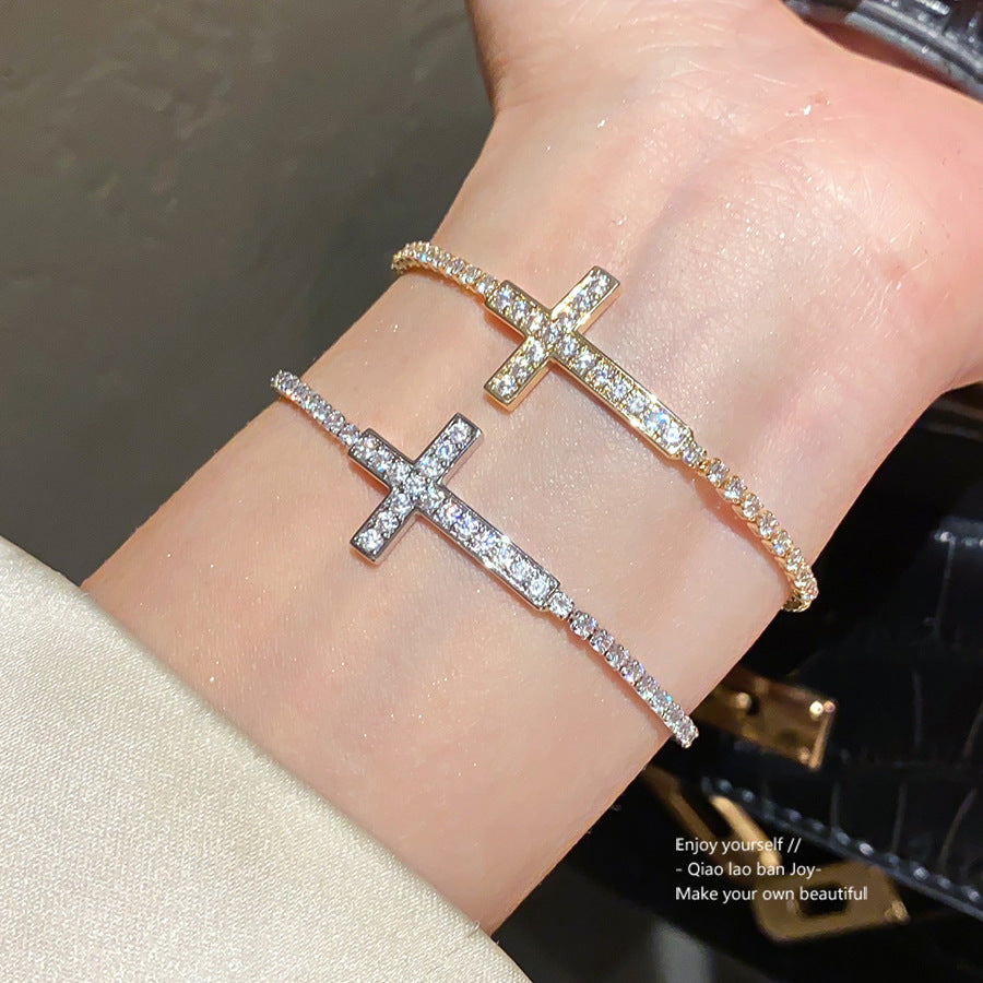 Minimalist Elegant Cross Cubic Zirconia Inlay Brass Bracelet for Women