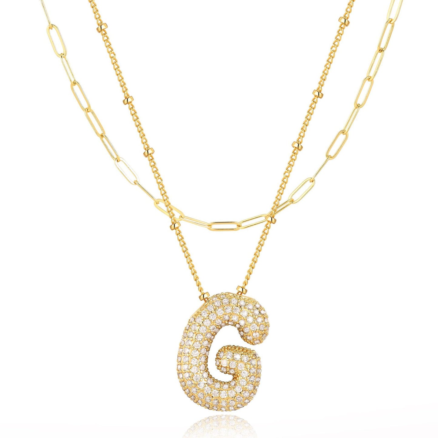 18K Gold Plated Brass Double Layer Letter Necklace Micro Pave Cubic Zirconia Serpentine Chain Women's Jewelry