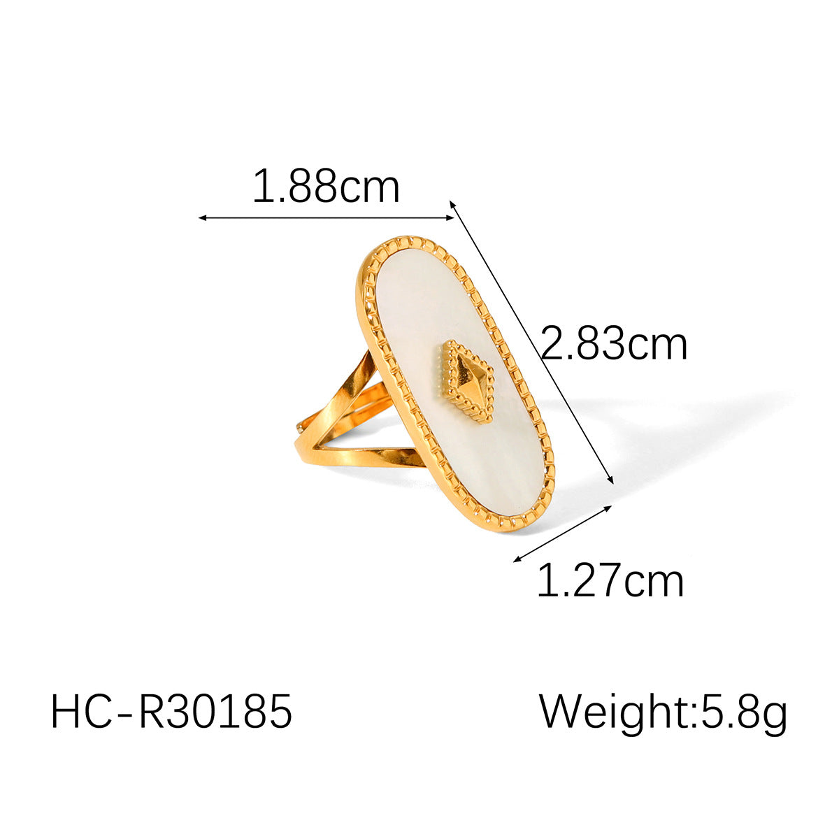 Anello geometrico in acciaio inossidabile da donna con placcatura in oro 18 carati, intarsio in madreperla bianca e accenti di strass