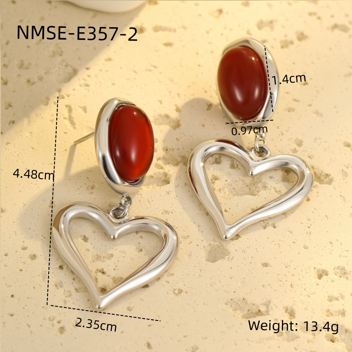 Pendientes con forma de corazón de estilo francés vintage, de acero inoxidable con baño de oro de 18 quilates e incrustaciones de piedra natural