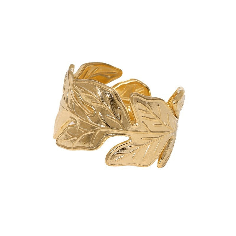 Minimalist Leaf-Shaped Stainless Steel Ring with Plated Finish for Women Tropical Vacation Style