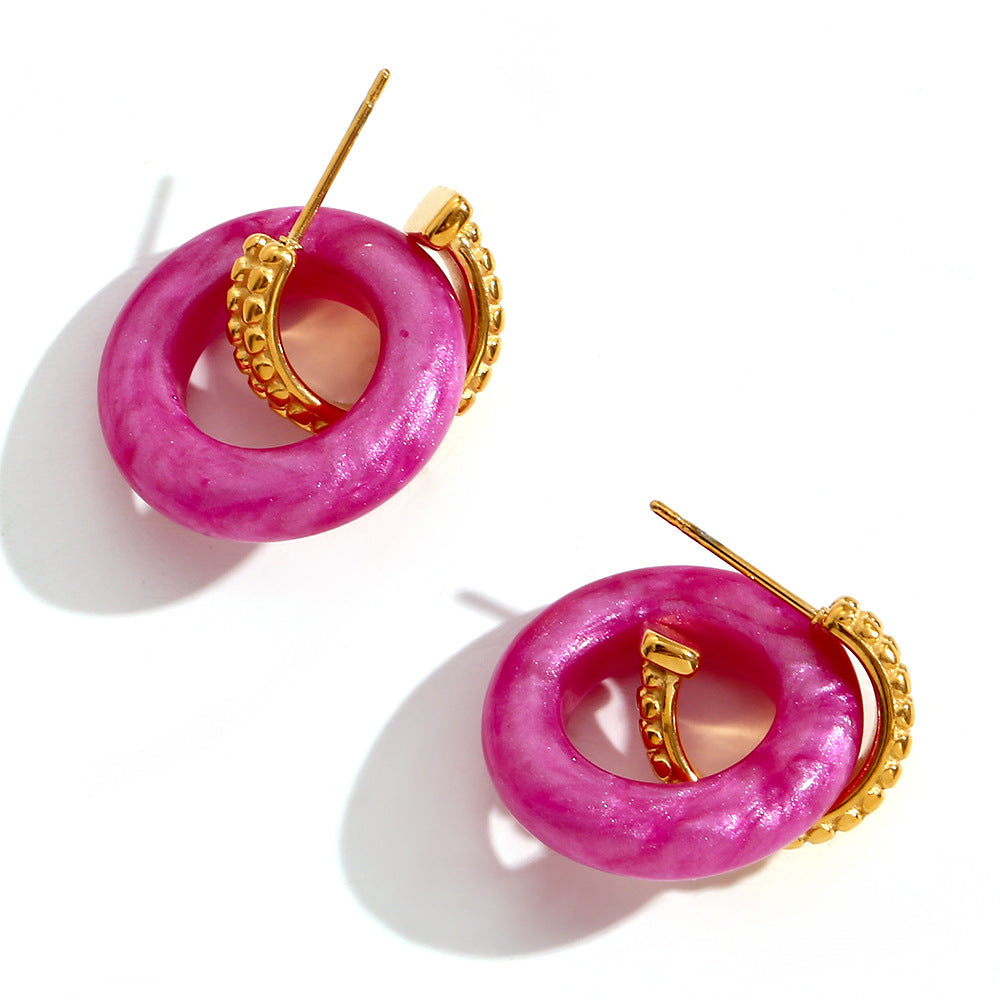 Vintage-Inspired Geometric Stainless Steel Earrings with 18K Gold Plating, Contrast Acrylic Beads and Rolled Edge Detail