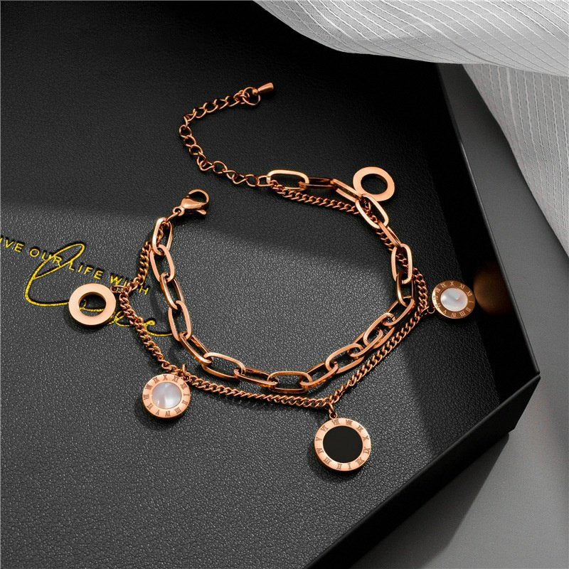 Minimalist Geometric Titanium Steel Bracelet for Women with Roman Numerals and Black White Shell Accents