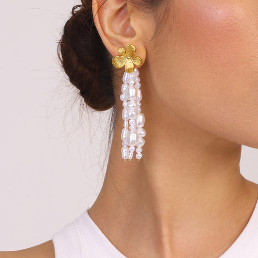 Elegant Geometric Floral Pearl Drop Earrings Titanium Steel Post Stainless Steel Plated