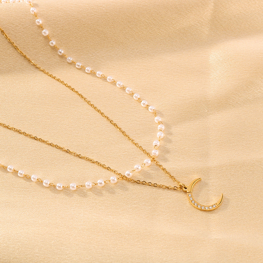 Minimalist Double-Layer O-Chain Pearl Moon Pendant Necklace for Women with Titanium Steel Pendant and 18K Vacuum Plated Finish
