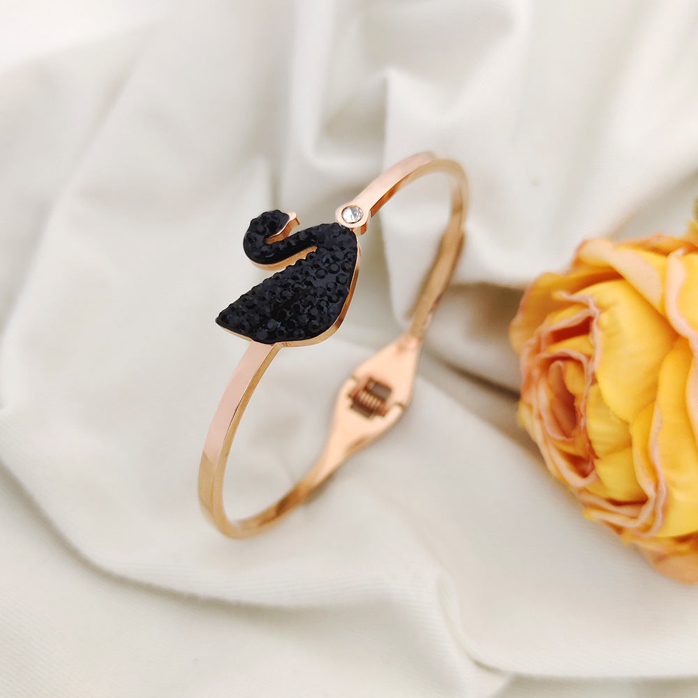 Minimalist Black Swan Bracelet for Women Made of Titanium Steel with Rhinestone Inlay and Plated Finish