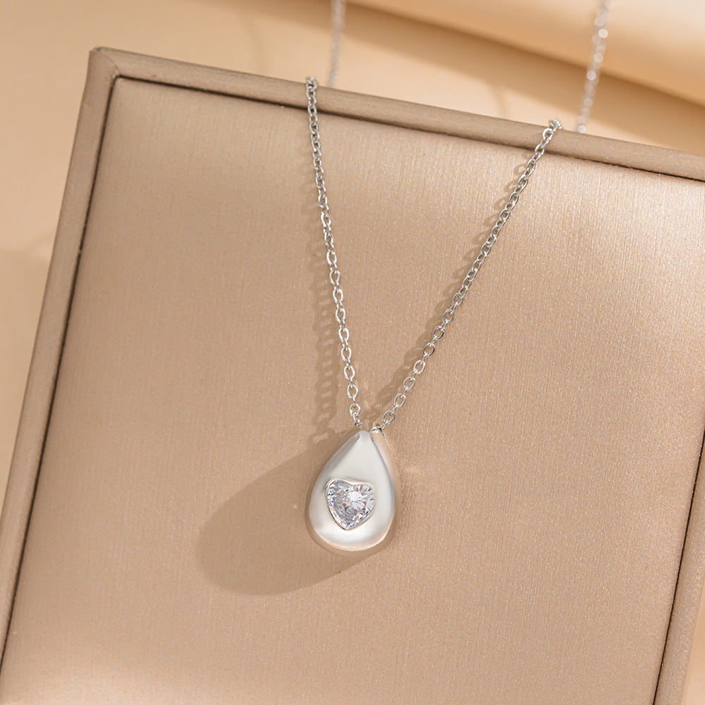 Minimalist Geometric Teardrop Pendant Necklace for Women Titanium Steel Snake Chain with Rhinestone Inlay and Vacuum Plating Finish