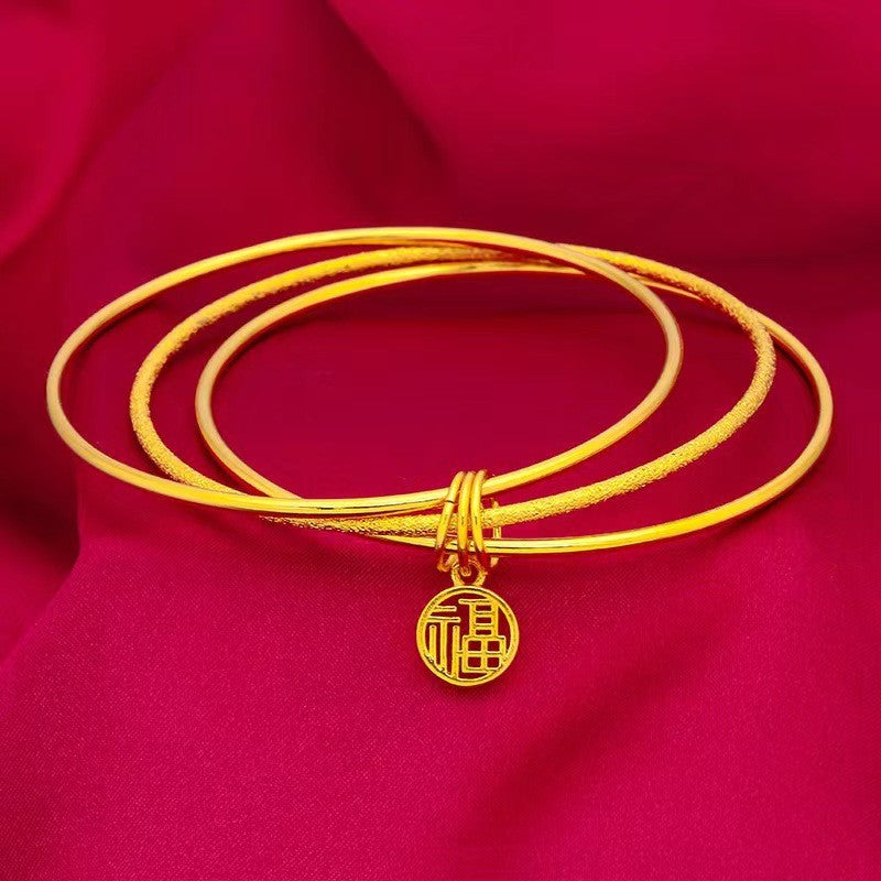 Bracciale da Donna con Campana a Tre Anelli con Carattere di Fortuna, in Lega di Rame Placcata Oro 18K, Design Originale