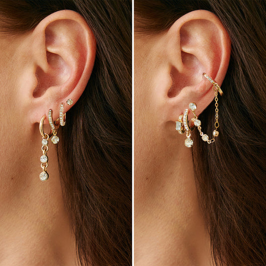 Minimalist Geometric Alloy Ear Studs with Micro-Pavé Rhinestones and Tassel Chain Backs for Women