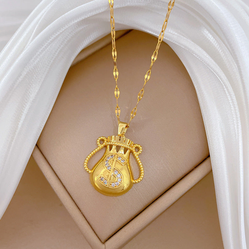 Sweet Geometric Rhinestone Inlaid Titanium Steel Necklace with Brass Pendant