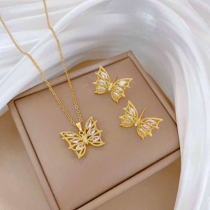 Sweet Elegant Rhinestone Plated Titanium Steel Butterfly Geometric Necklace and Earring Set for Women