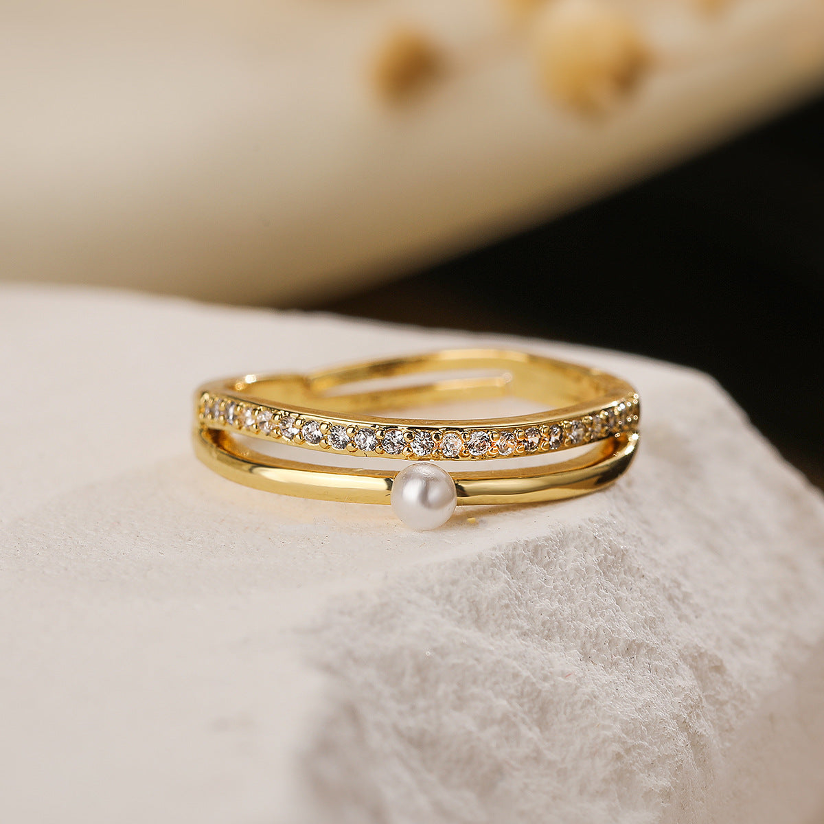 Minimalist Geometric Open Ring for Women Made of Brass with Real Gold Plating and Zircon Inlay and Pearl Accent