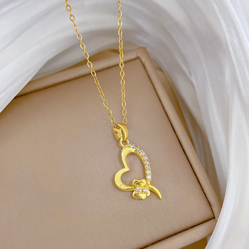 Sweet Heart Bow Geometric Rhinestone Pendant Titanium Steel Necklace for Unisex