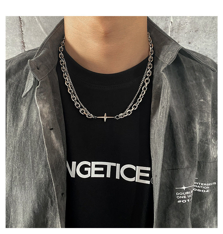 Collana minimalista con ciondolo a croce da uomo e donna con catena a serpente a doppio strato in acciaio inossidabile e ciondolo in acciaio al titanio