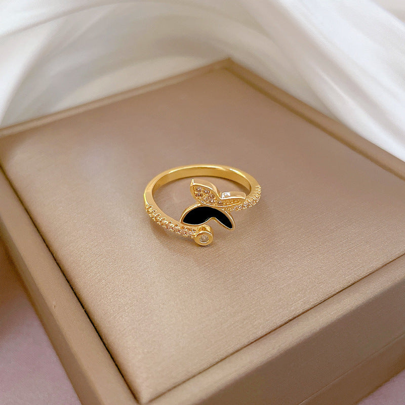 Minimalist Butterfly Ring in Brass with Enamel Finish and Rhinestone Inlay Adjustable for Women