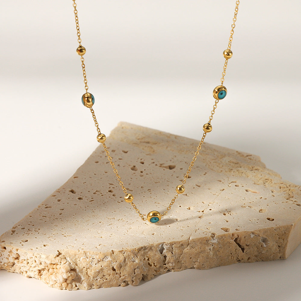 Minimalist Geometric Round Bead Necklace in Stainless Steel with 18K Gold Plating and Turquoise Inlay for Women