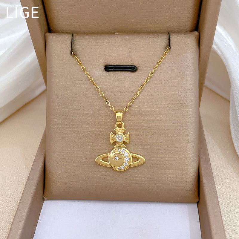 Collana con Ciondolo a Croce Minimalista in Acciaio al Titanio con Intarsio di Strass per Donne e Uomini, Delicata Catena per Clavicola