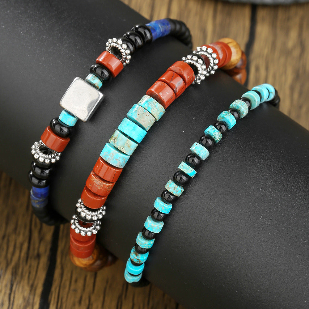 Vintage Bohemian Geometric Round Alloy Gemstone Beaded Bracelet Set for Men and Women