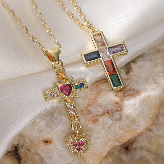 Vintage Minimalist Gold Plated Brass Cubic Zirconia Cross Pendant Necklace for Women