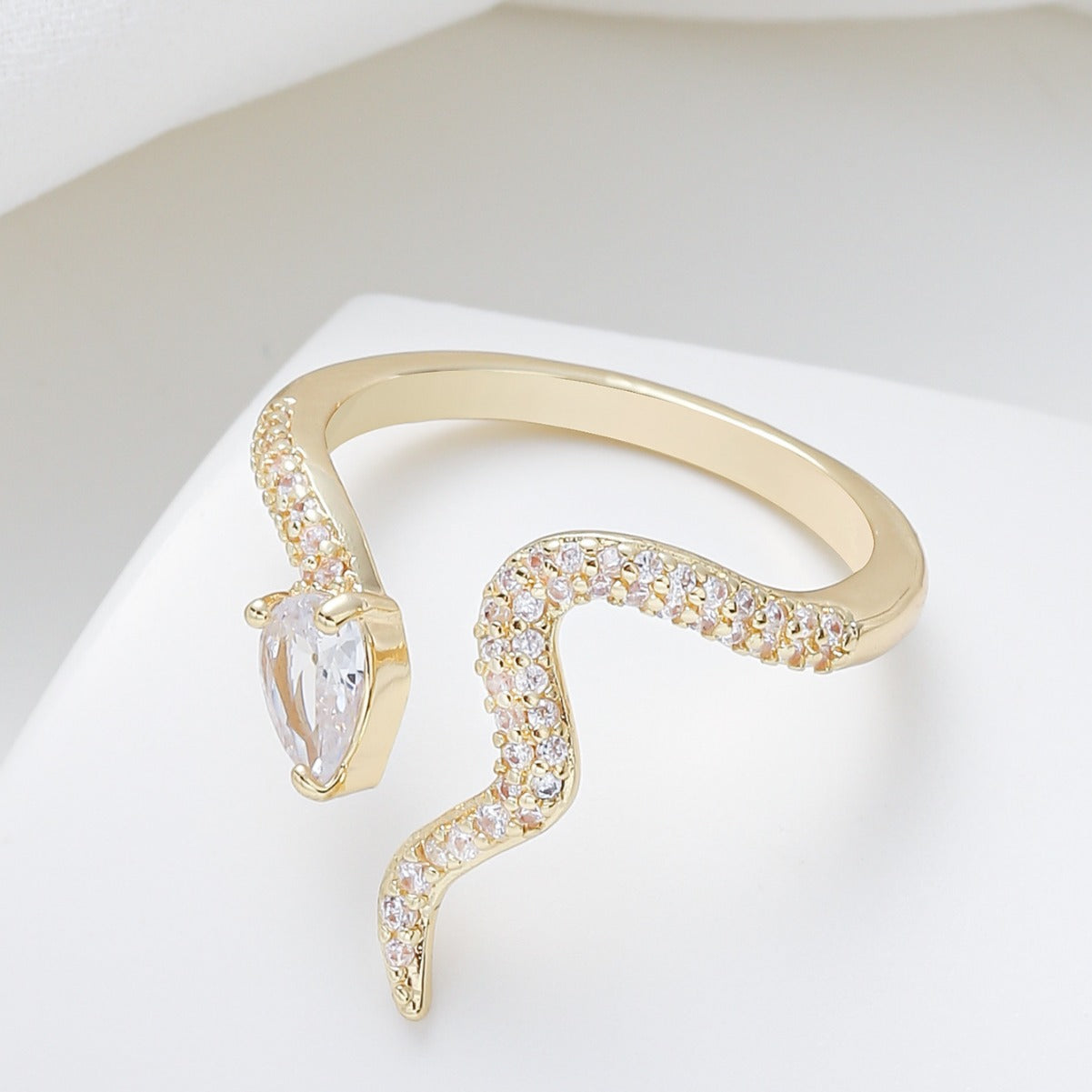 Minimalist Snake-Shaped Copper Ring with Zircon Inlay for Women Adjustable Open Band