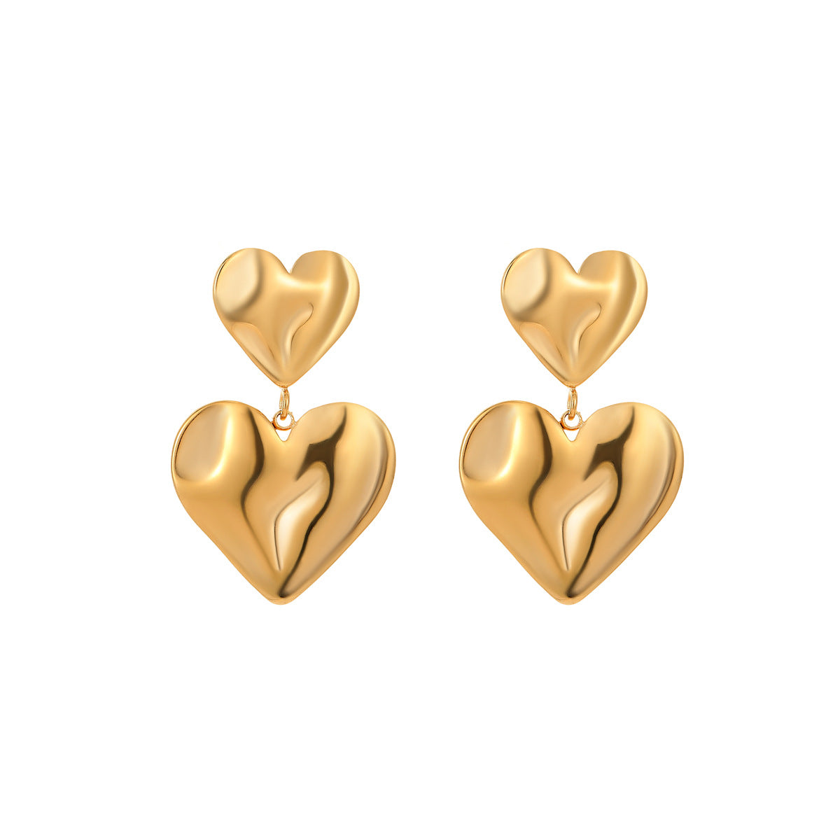 Fashionable Textured Double Heart Stainless Steel Earrings for Women with Electroplated Finish