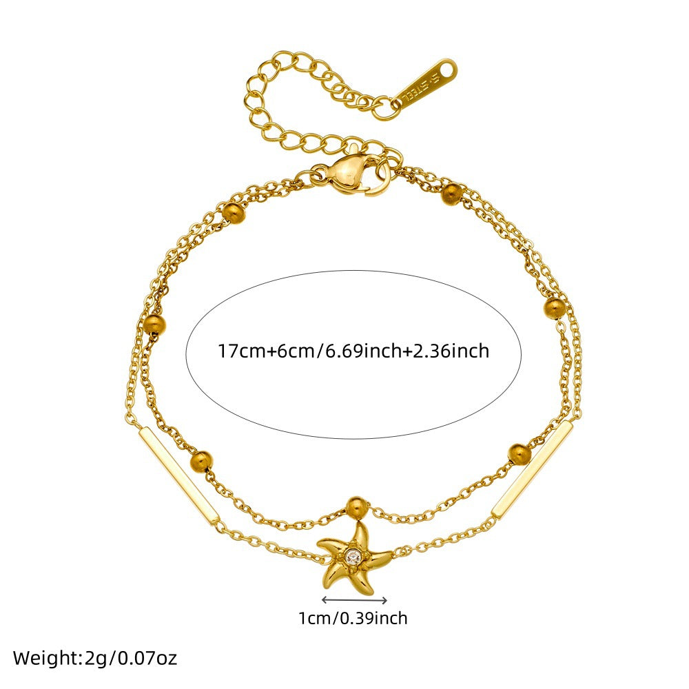 Sweet Minimalist Floral Star Heart Stainless Steel Plated Pearl Rhinestone Double Layer Bracelet for Women